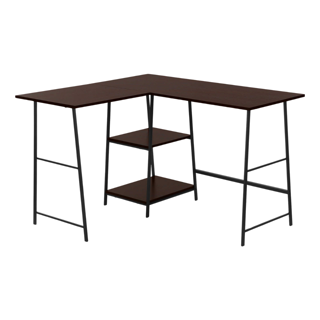 Sawtier – L-Shape Corner Desk – Espresso / Black Metal