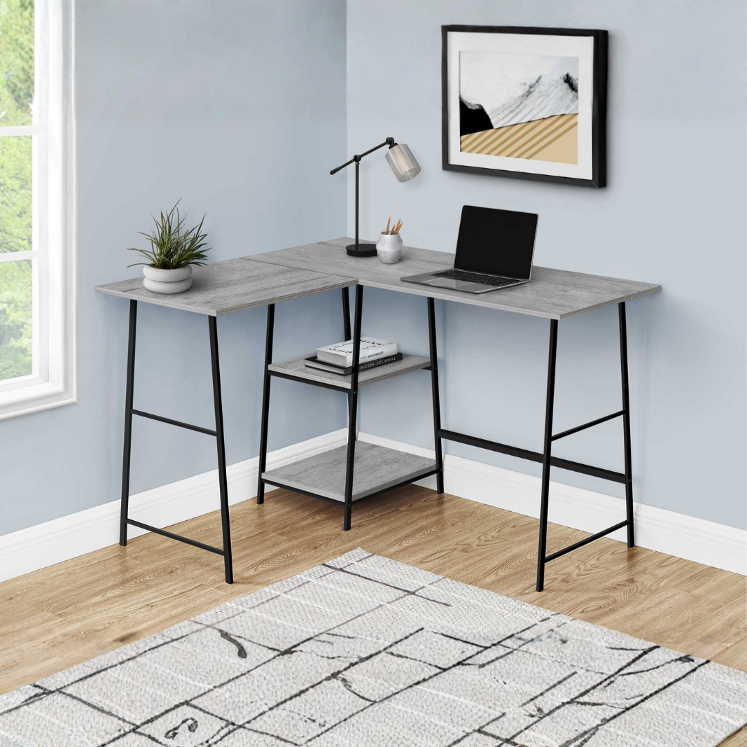 Sawtier – L-Shape Corner Desk – Grey / Black Metal