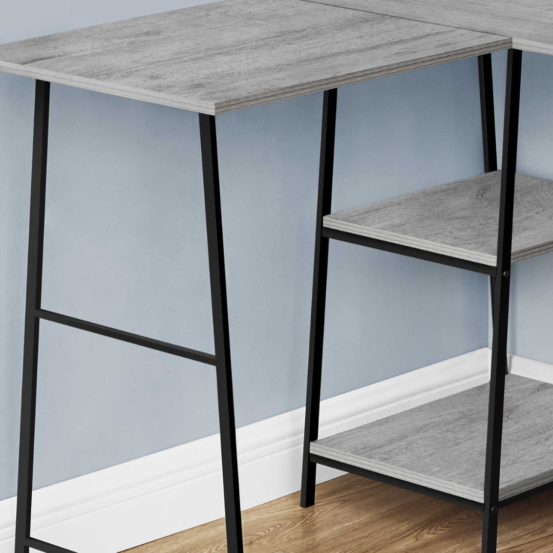 Sawtier – L-Shape Corner Desk – Grey / Black Metal