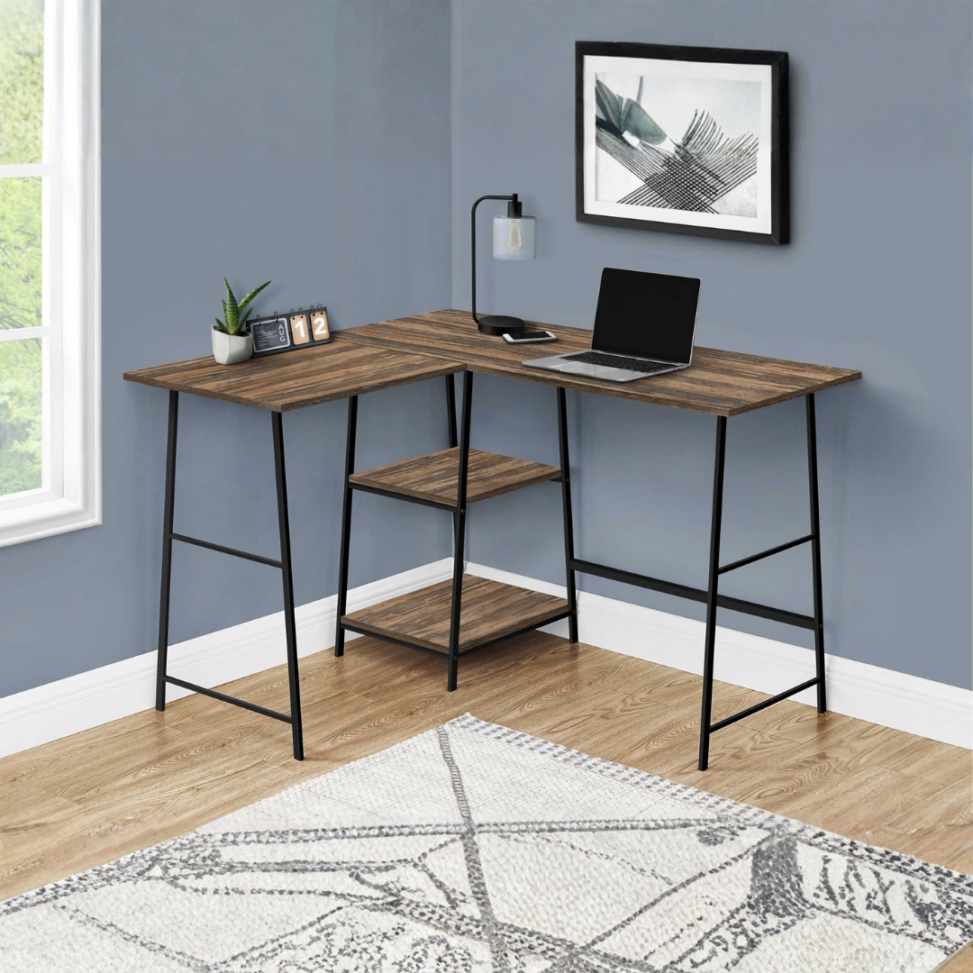 Sawtier – L-Shape Corner Desk – Brown Reclaimed / Black Metal