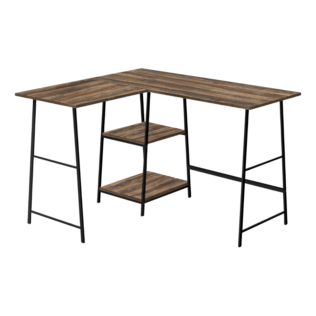 Sawtier – L-Shape Corner Desk – Brown Reclaimed / Black Metal