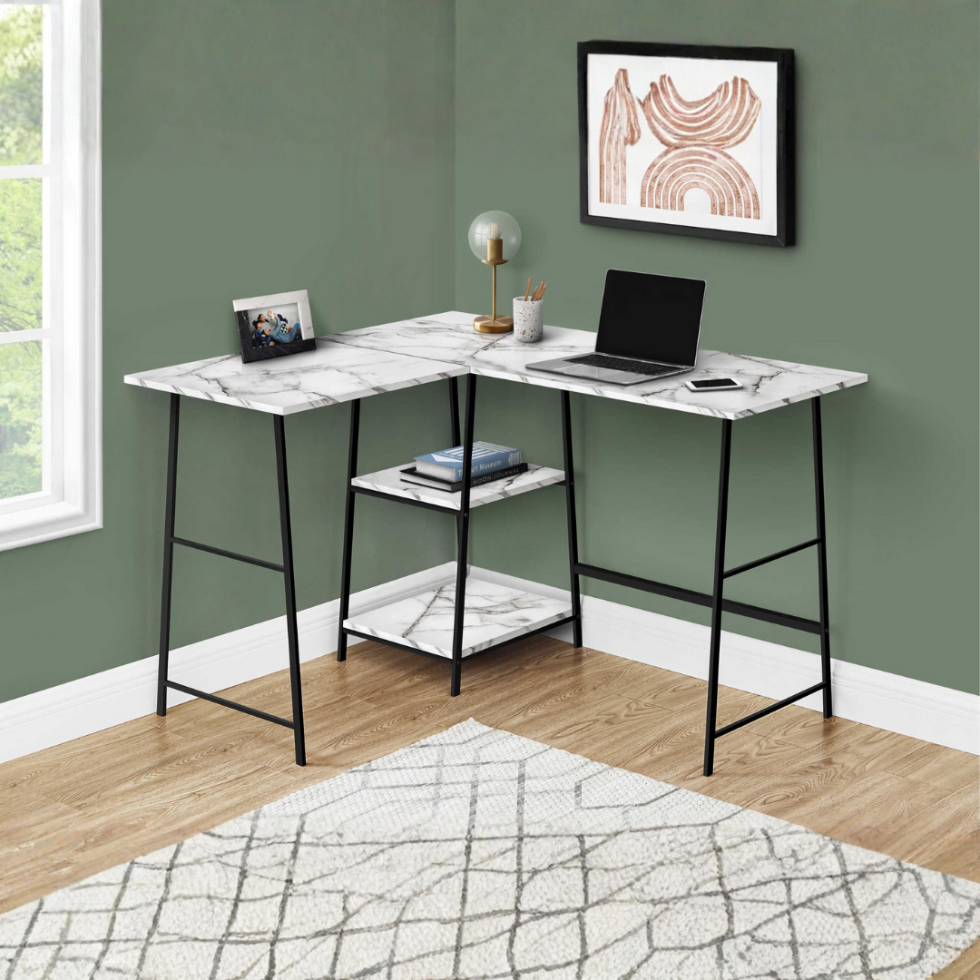 Sawtier – L-Shape Corner Desk – White Marble / Black Metal