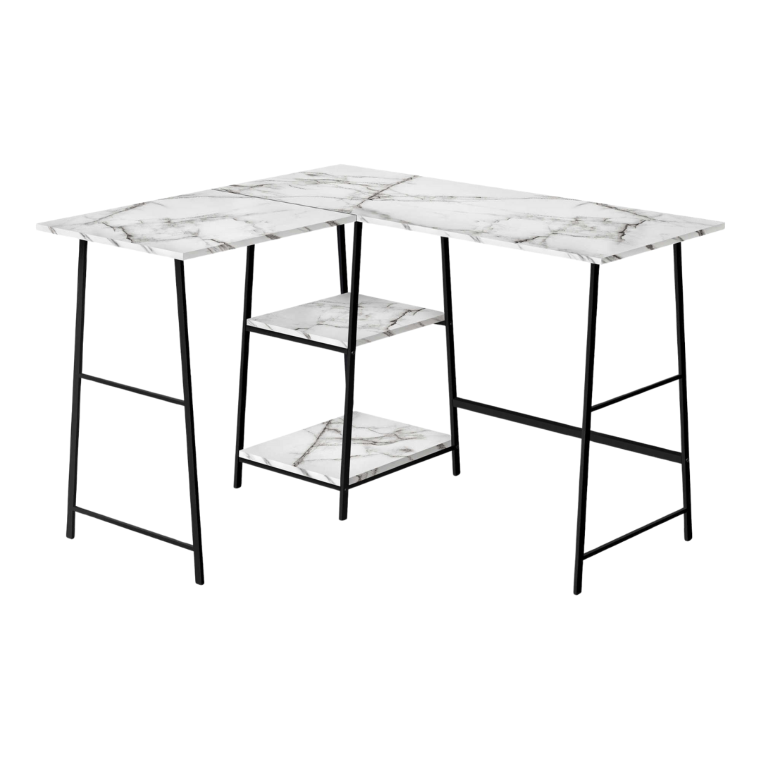 Sawtier – L-Shape Corner Desk – White Marble / Black Metal