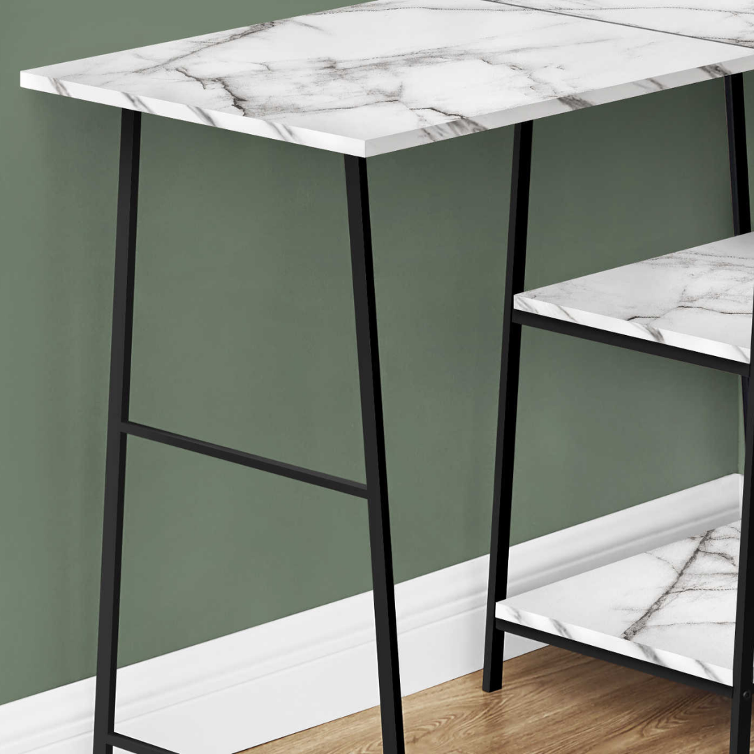 Sawtier – L-Shape Corner Desk – White Marble / Black Metal