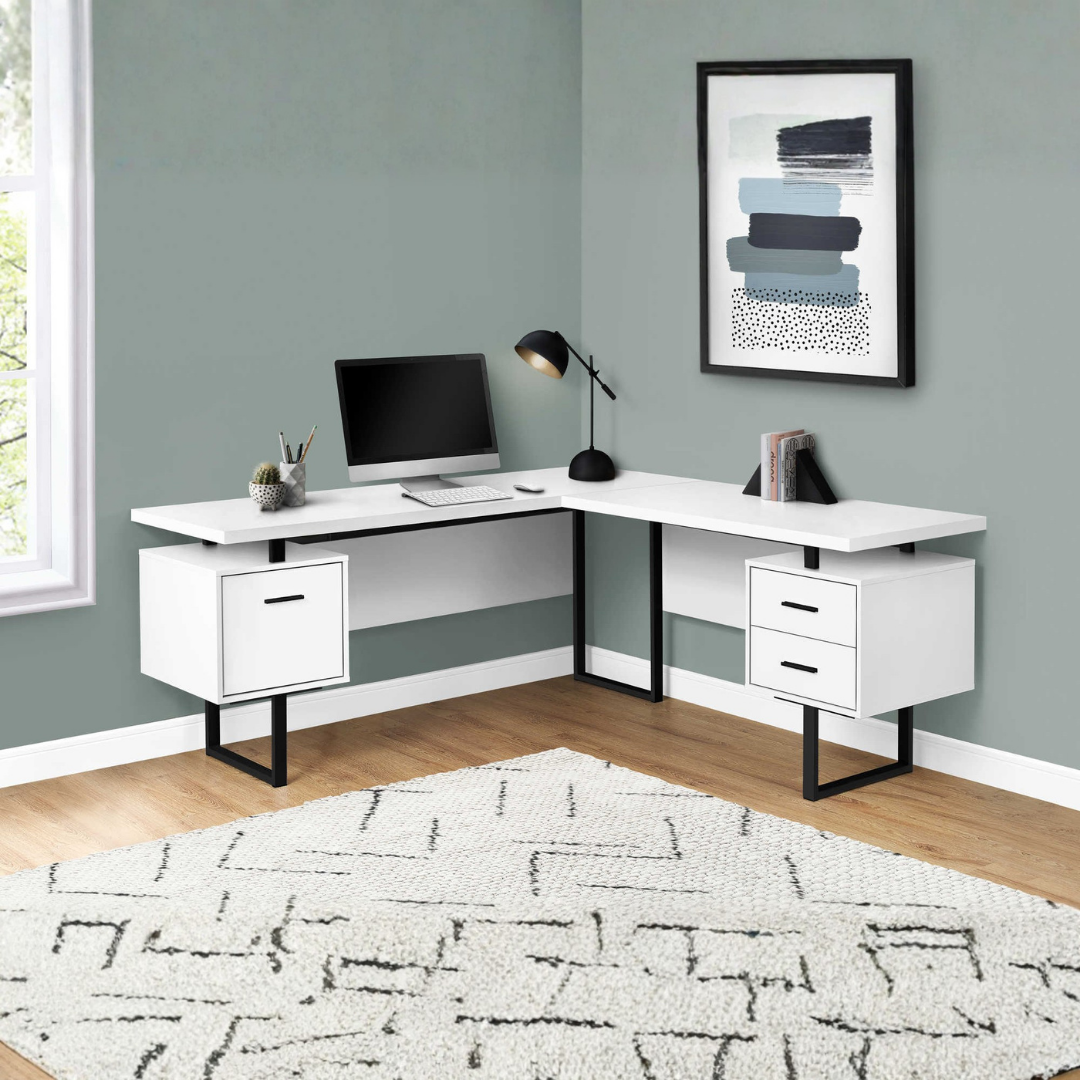 Arcavista – L-Shape Desk – White / Black Metal
