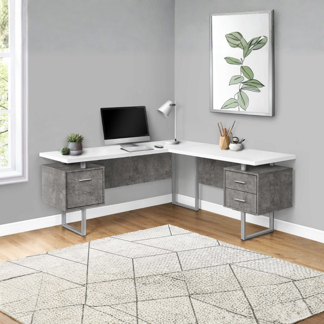 Arcavista – Bureau en L – Blanc / Béton / Métal argenté