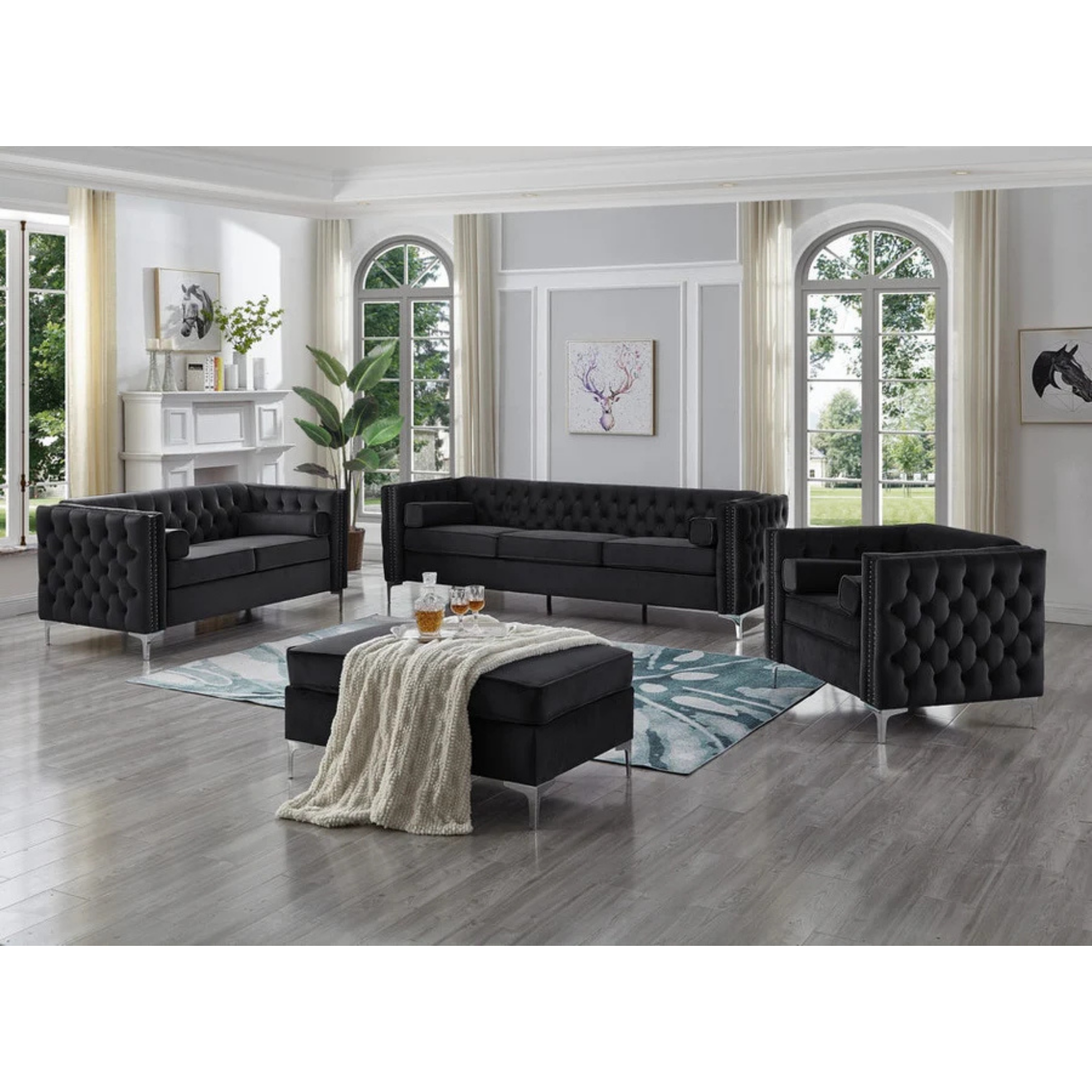 8007 - Ensemble de canapés 4 pièces en velours noir avec capitonnage profond