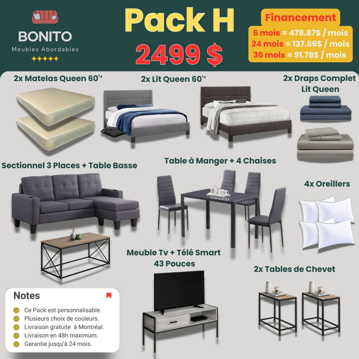 Pack H – Double Queen Bedroom + Living Set with Smart TV