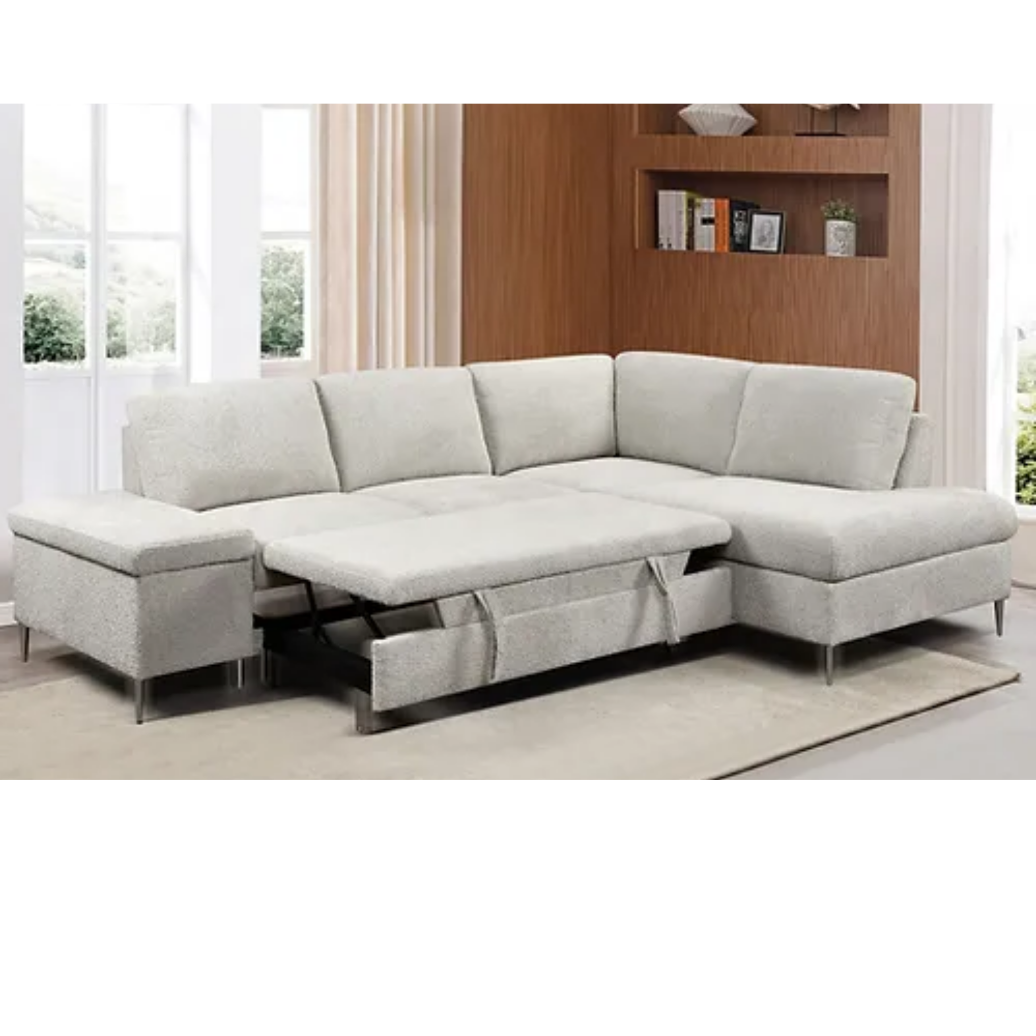 Soft Beige Fabric Sectional Sofa Bed With Lift-Up Storage Bench 9023