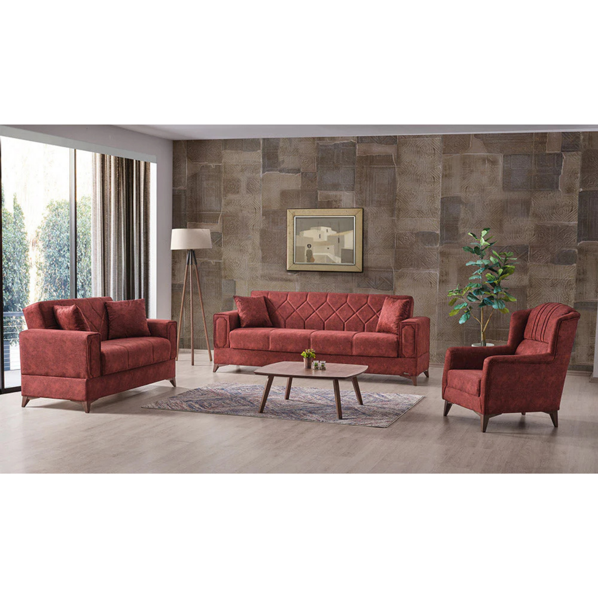 ASYA - Ensemble de canapés 3 pièces bordeaux