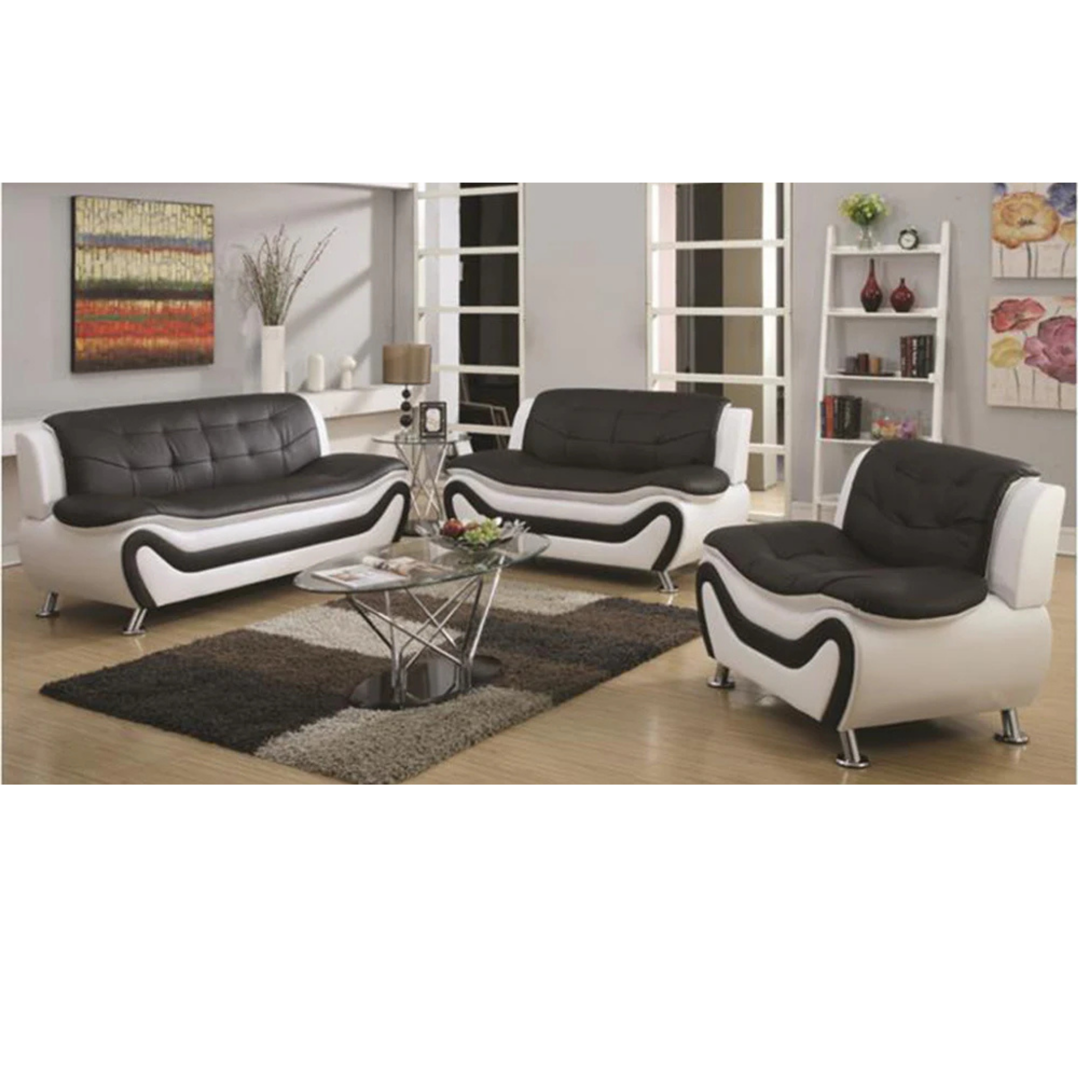 AUCKLAND - Ensemble 3 pièces en cuir PU noir et blanc