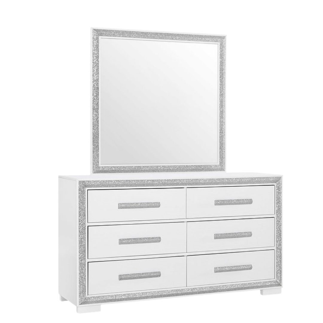 Commode Aurelia à 6 tiroirs avec miroir – Blanc brillant et finitions argentées