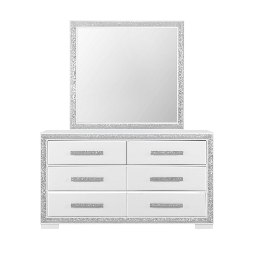 Commode Aurelia à 6 tiroirs avec miroir – Blanc brillant et finitions argentées