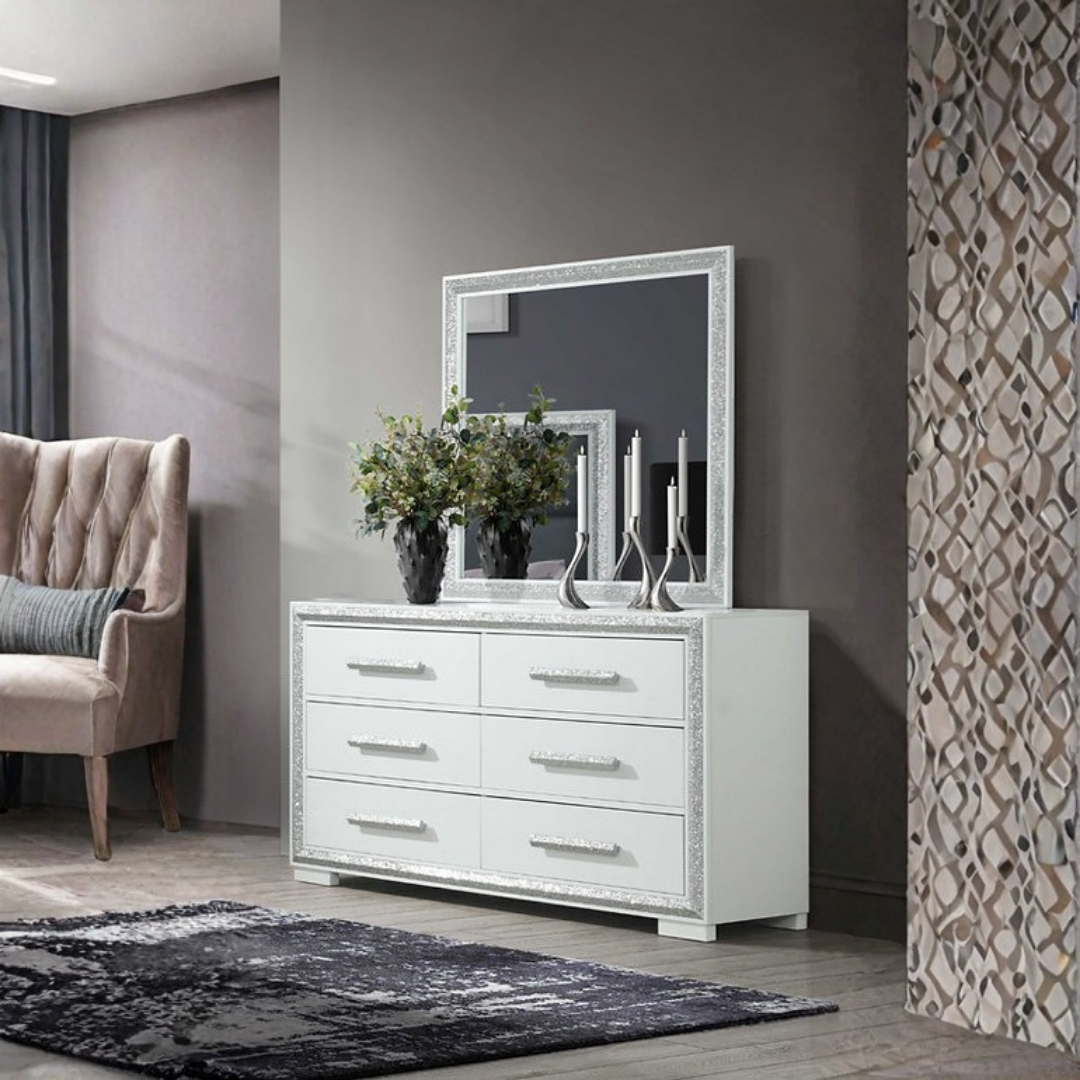 Commode Aurelia à 6 tiroirs avec miroir – Blanc brillant et finitions argentées