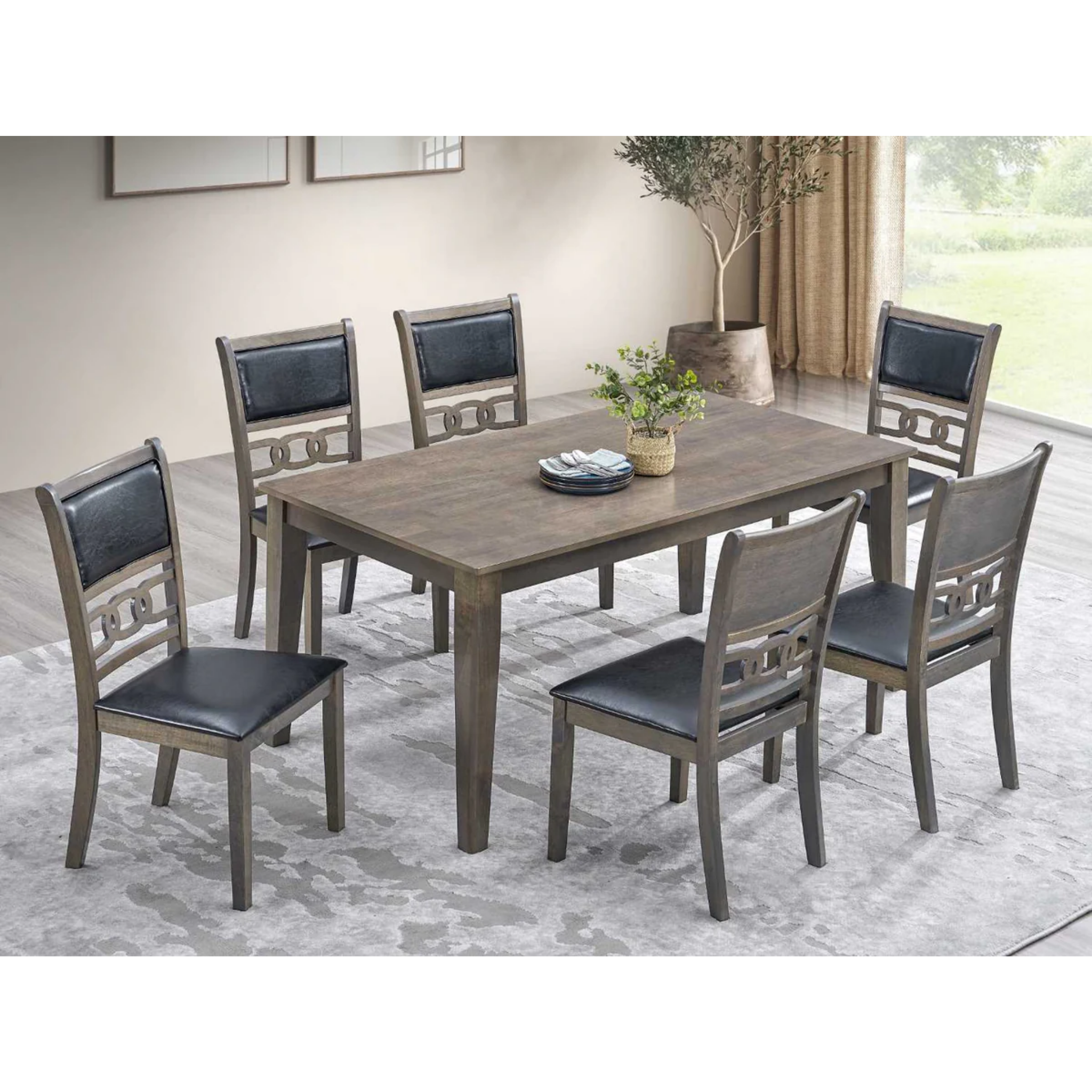 Table à manger grise antique avec 6 chaises en PU noir T-1080 / C-1083