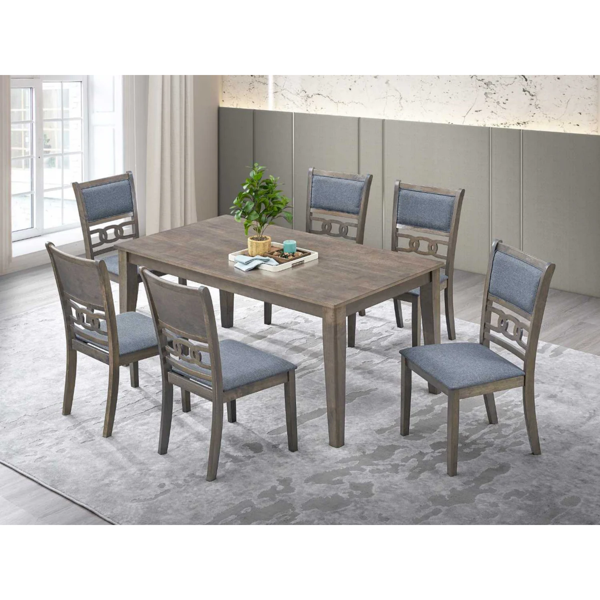 Table à manger grise antique avec 6 chaises en tissu gris T-1080 / C-1084