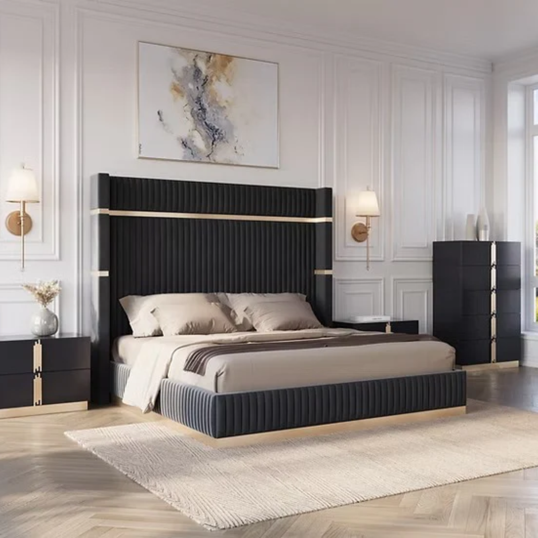 Lumerio – Queen Velvet Bed – Black