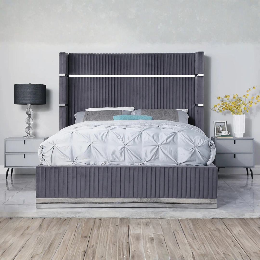 Lumerio – Lit Queen en velours – Gris