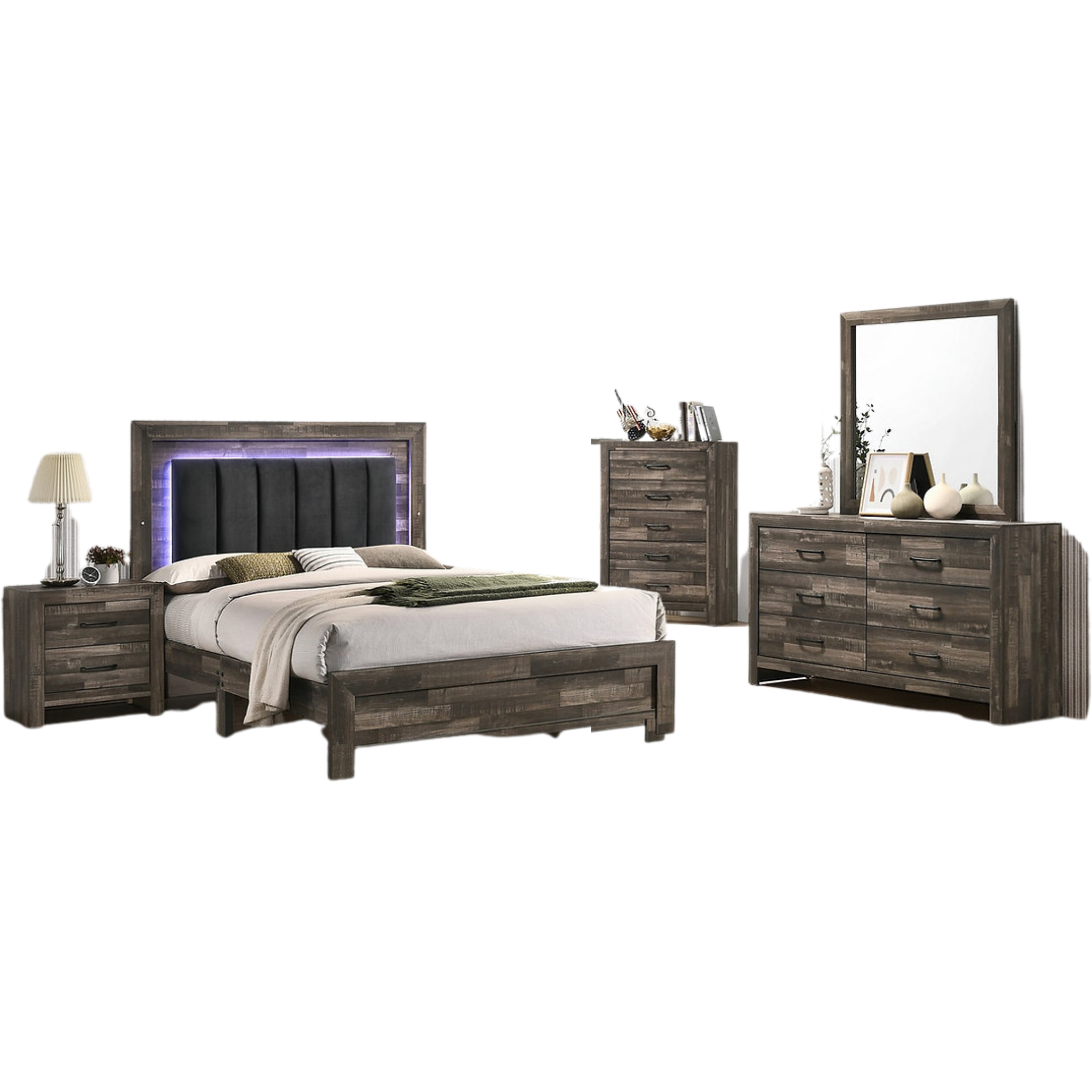 King Bedroom Set – Athens LED Driftwood Brown