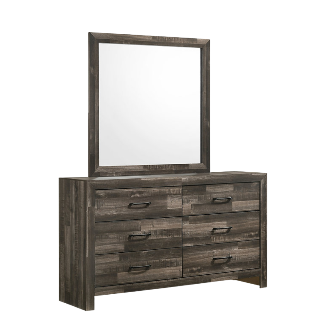 Commode Driftmere à 6 tiroirs avec miroir – Brun bois flotté