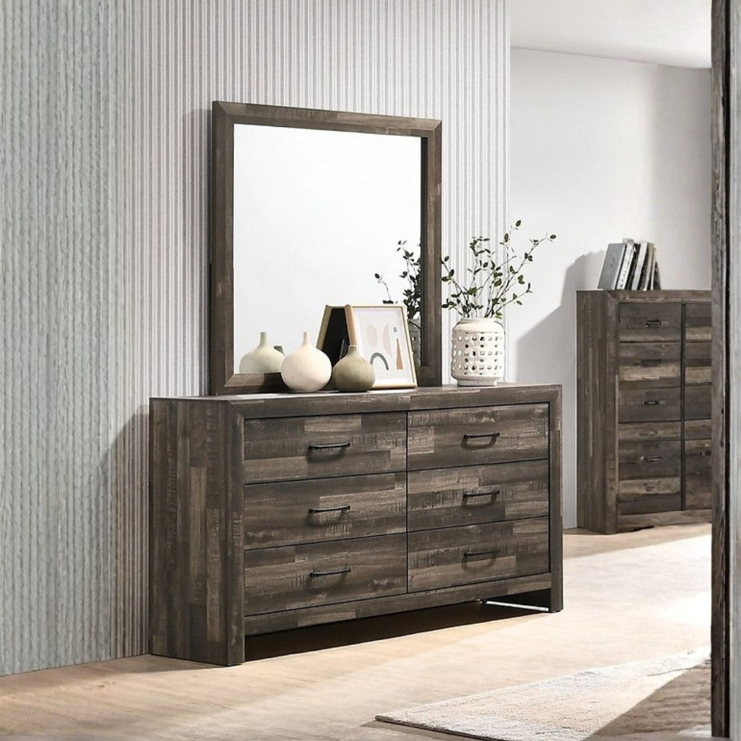 Commode Driftmere à 6 tiroirs avec miroir – Brun bois flotté
