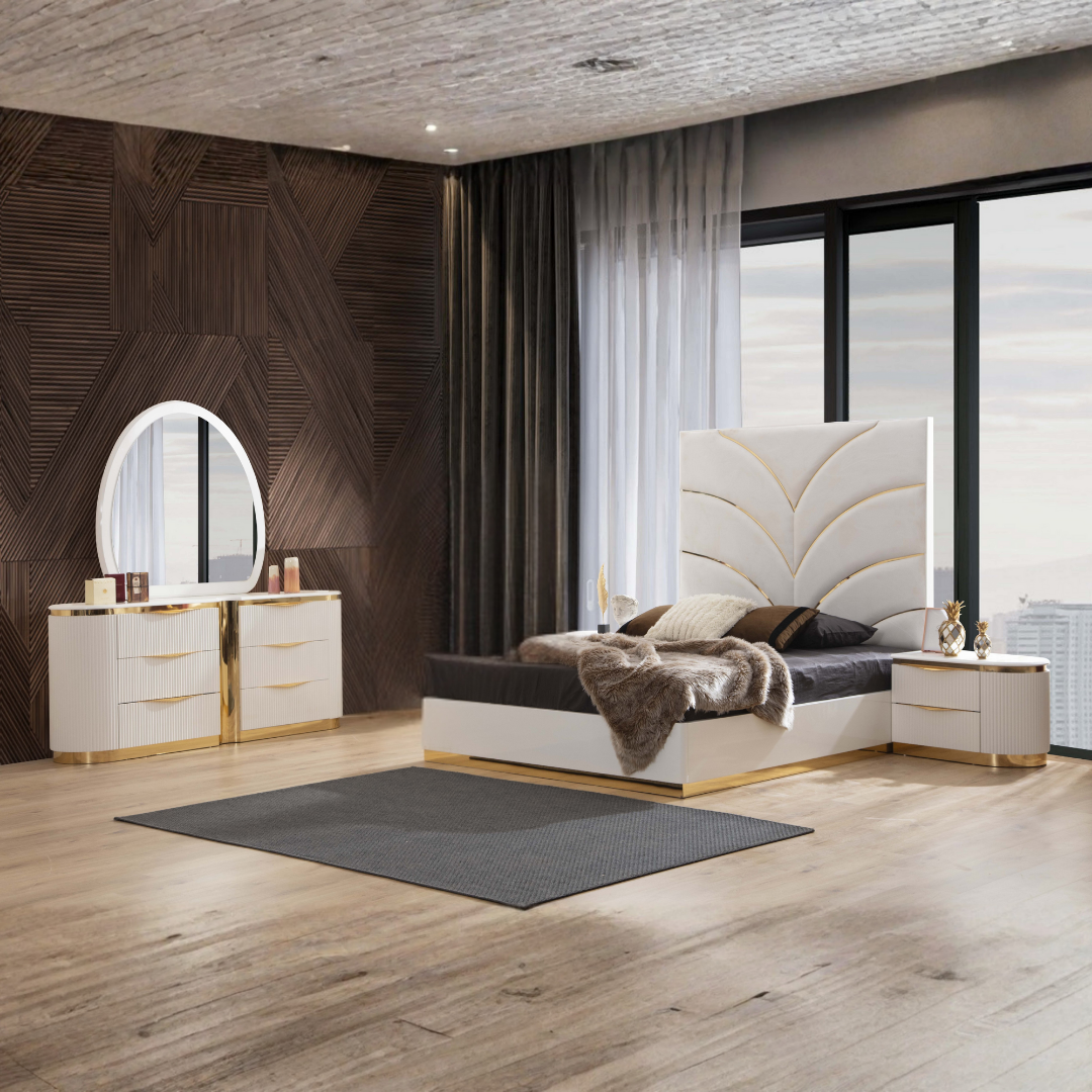 Ensemble chambre Aurelia queen 6 pièces blanc laqué et or avec tête de lit rembourrée – Bonito Montréal