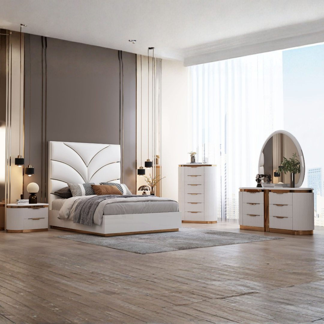 Ensemble chambre Aurelia queen 6 pièces blanc laqué et or avec tête de lit rembourrée – Bonito Montréal