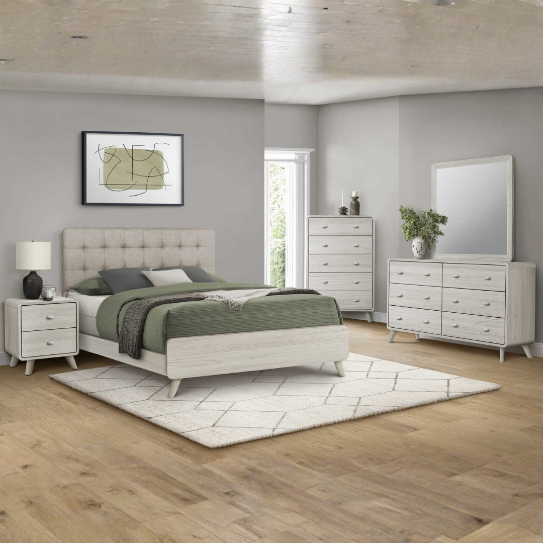Ensemble chambre queen Averin 6 pièces chêne gris tête de lit rembourrée beige – Bonito Montréal