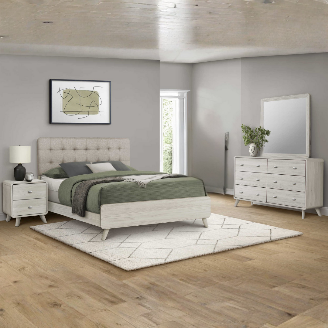 Ensemble chambre queen Averin 6 pièces chêne gris tête de lit rembourrée beige – Bonito Montréal