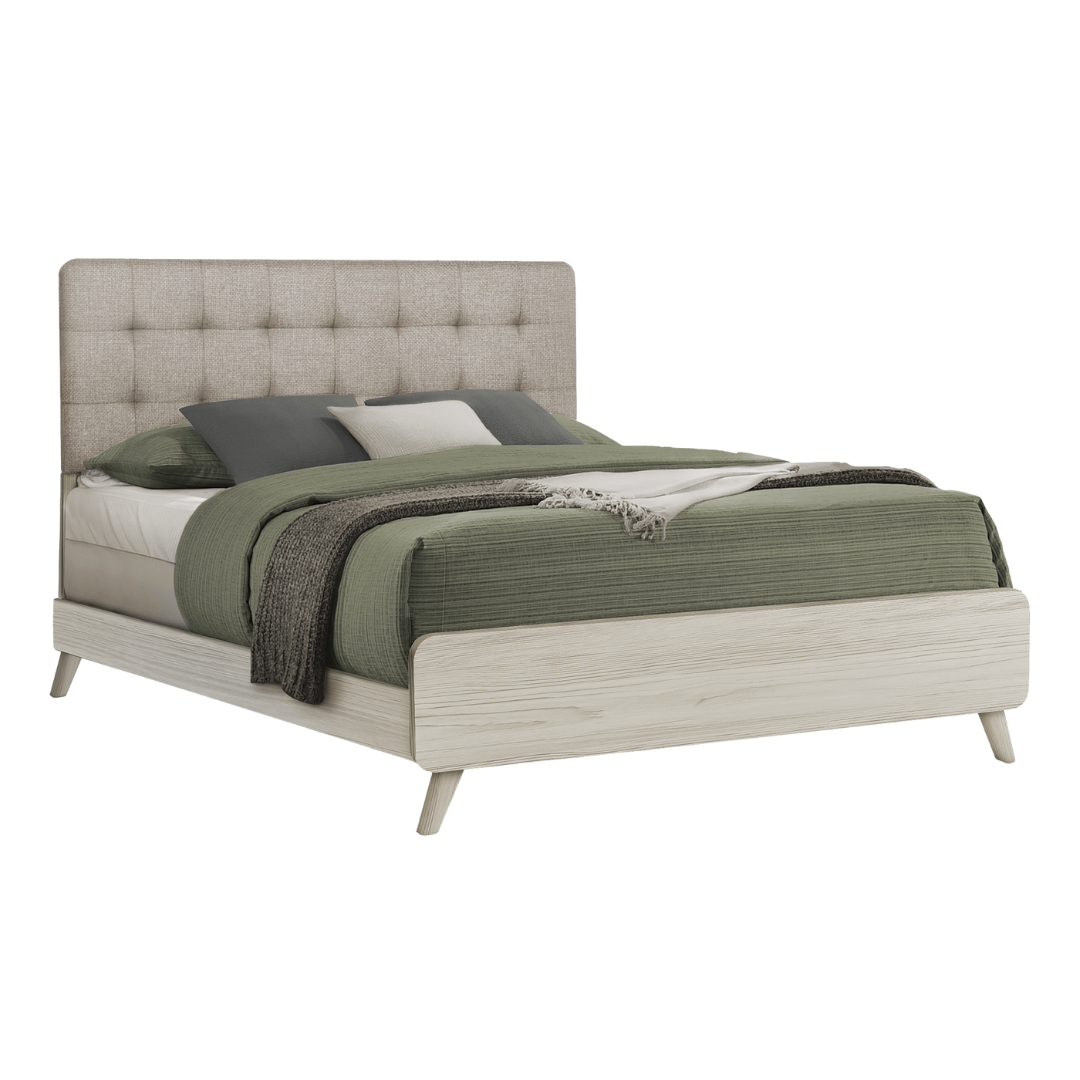 Ensemble chambre queen Averin 6 pièces chêne gris tête de lit rembourrée beige – Bonito Montréal