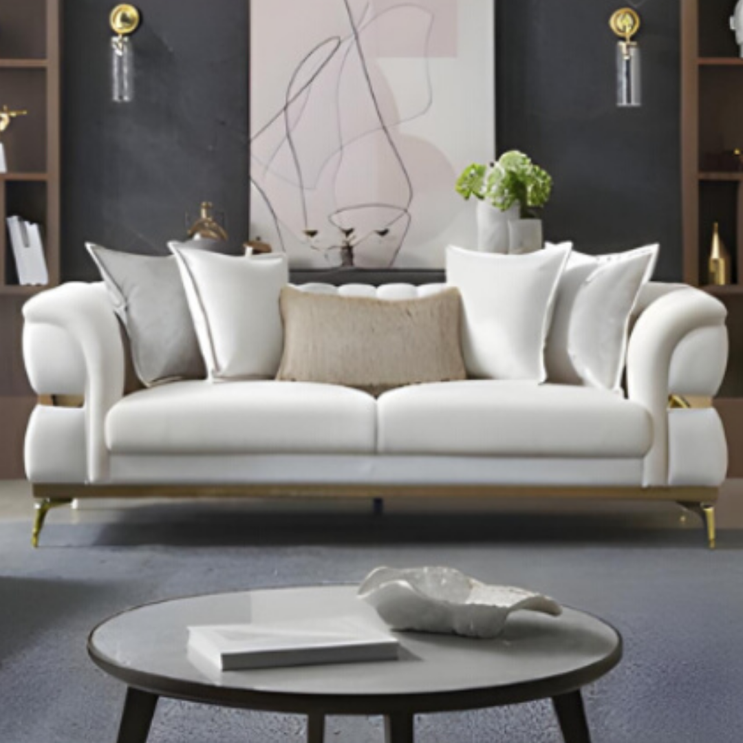Barat – Soft Fabric Living Room Set – Gold Legs – Beige