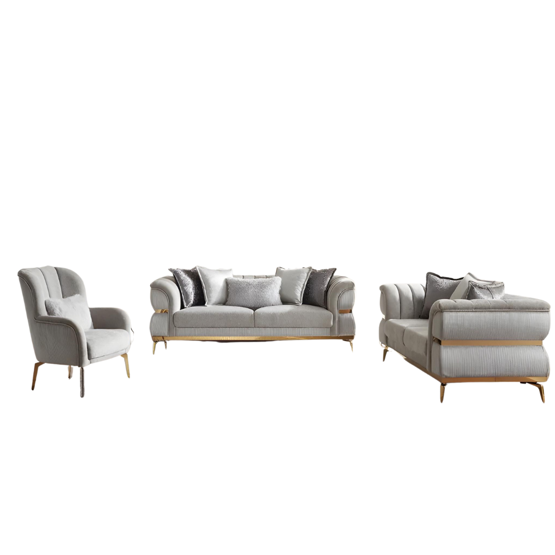 Barat – Soft Fabric Living Room Set – Gold Legs – Grey