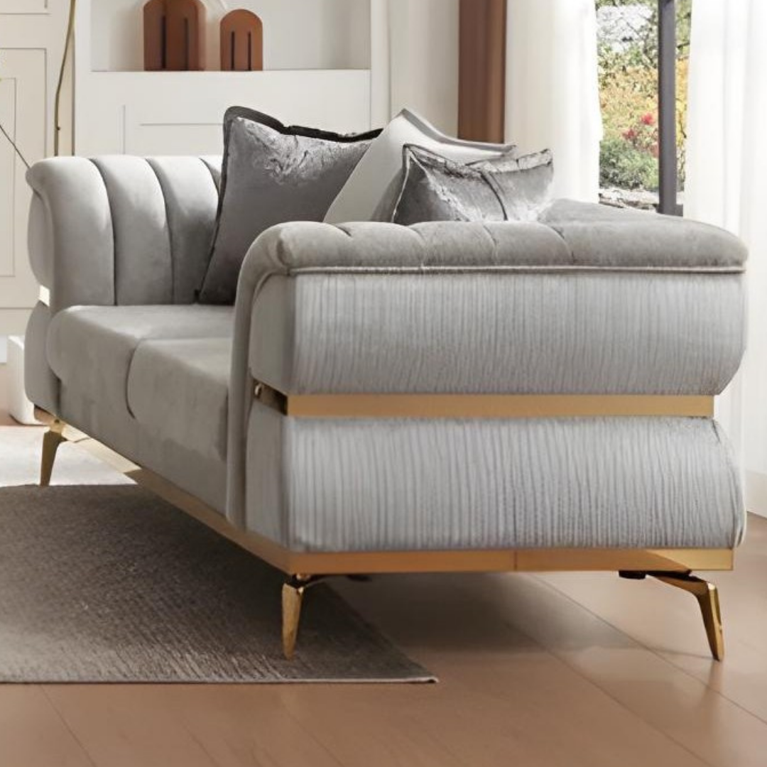 Barat – Soft Fabric Living Room Set – Gold Legs – Grey