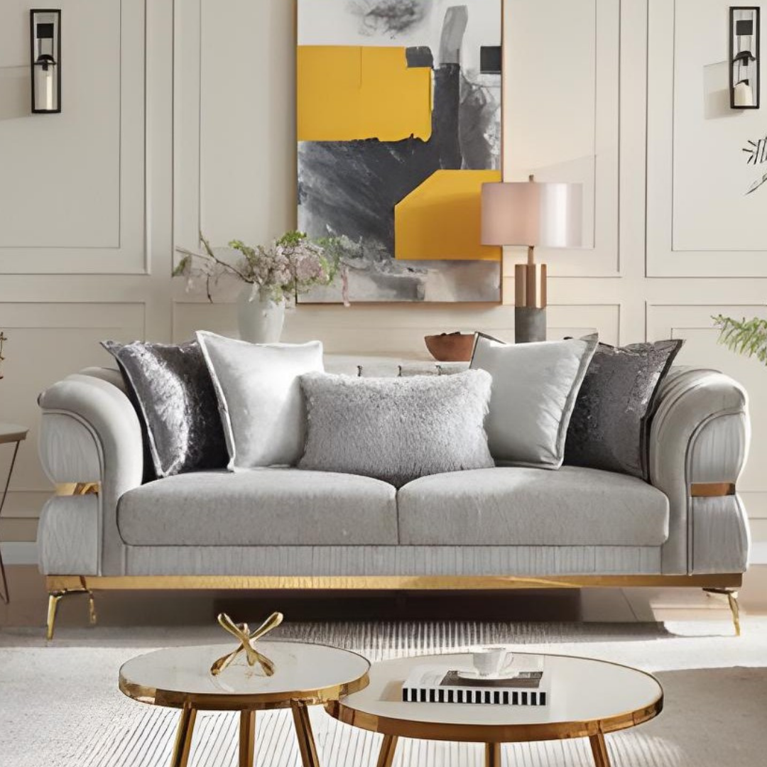 Barat – Soft Fabric Living Room Set – Gold Legs – Grey