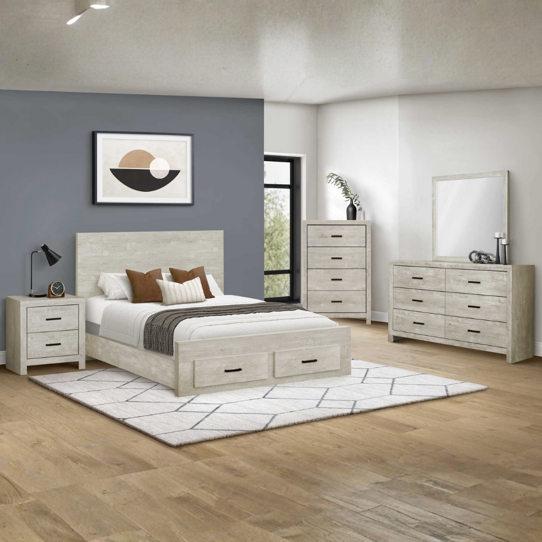 Ensemble chambre à coucher grand lit Belvian Storage en chêne blanchi avec tiroir de rangement – Bonito Montréal
