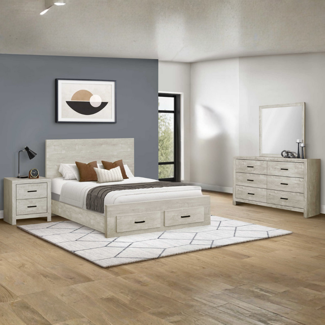 Ensemble chambre à coucher grand lit Belvian Storage en chêne blanchi avec tiroir de rangement – Bonito Montréal