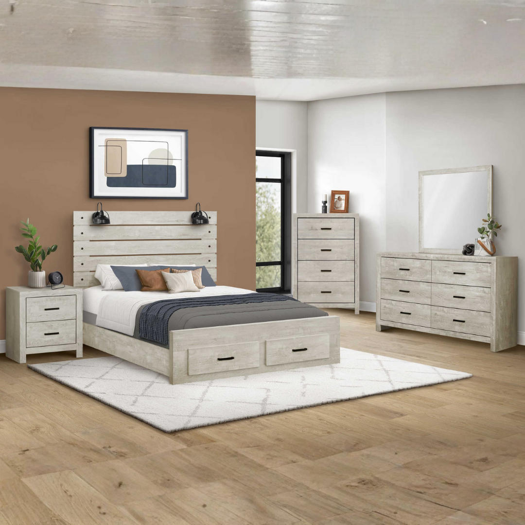 Ensemble chambre queen 6 pièces Belvian Tech chêne blanchi avec ports USB intégrés – Bonito Montréal