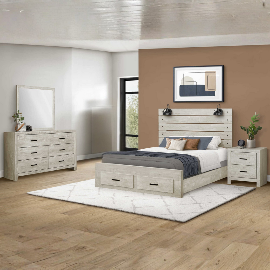 Ensemble chambre queen 6 pièces Belvian Tech chêne blanchi avec ports USB intégrés – Bonito Montréal