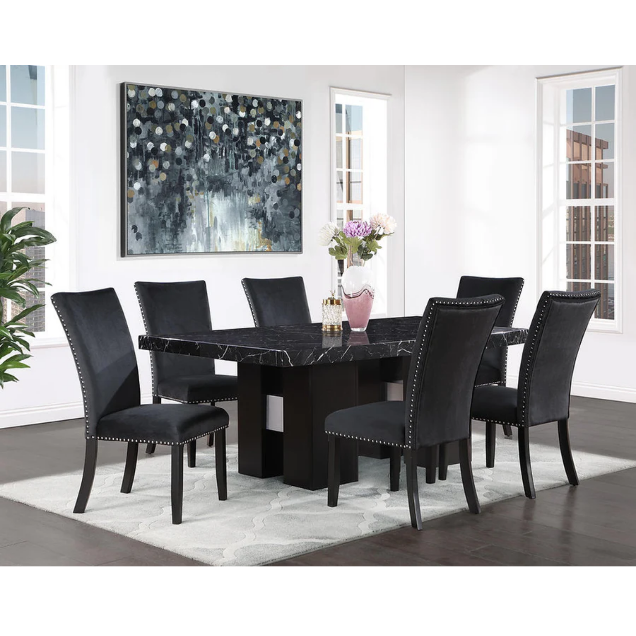 Black Faux Marble Dining Table Set With Black Velvet Chairs 1605