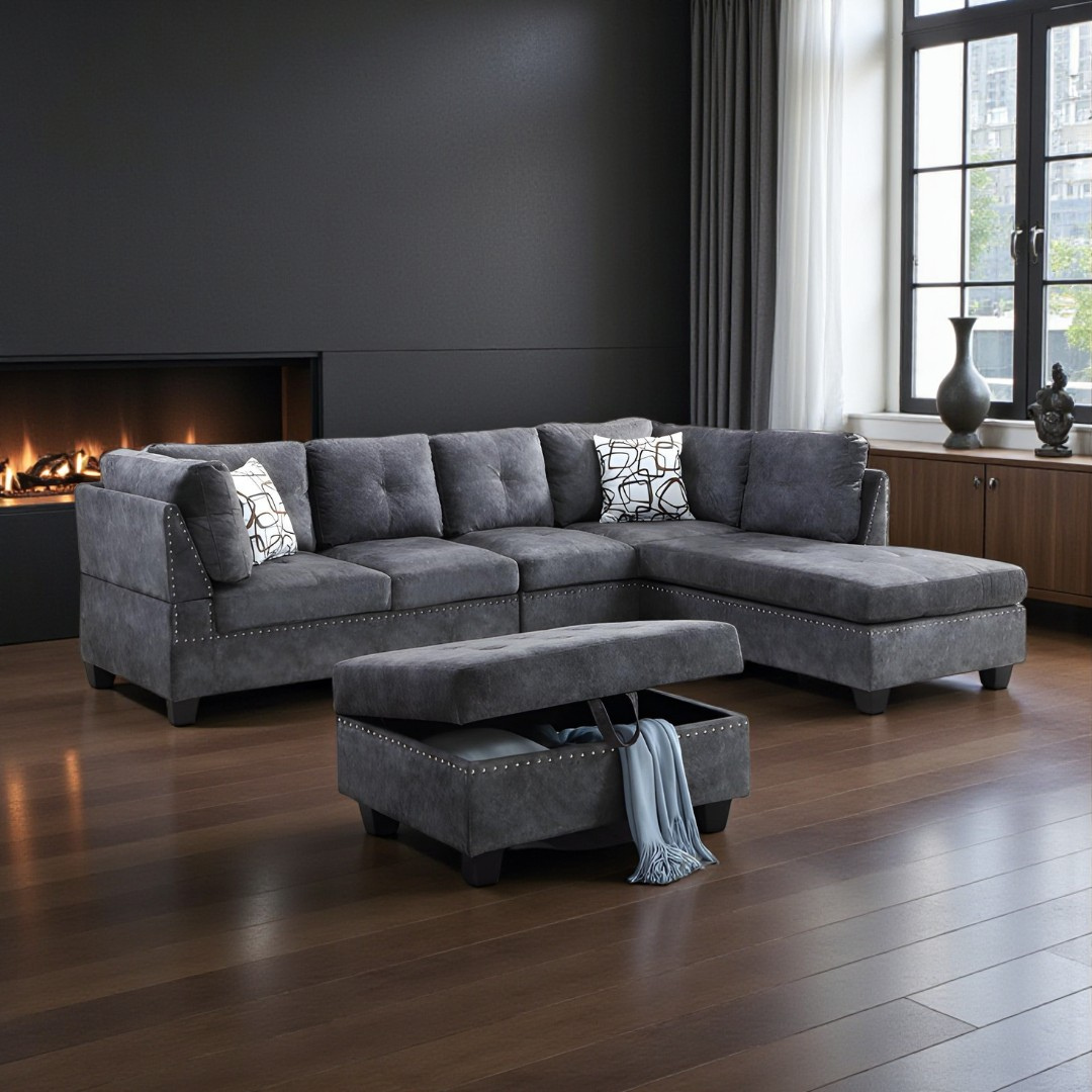 Caldo – Reversible Sofa Sectional – Grey Suede