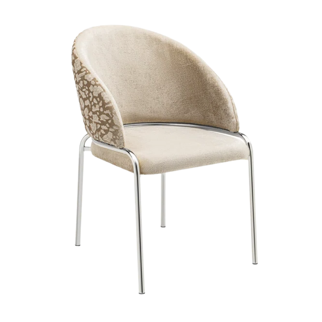 Onyxa – Lot de 2 – Chaises de salle à manger en velours beige et imprimé léopard – Pieds chromés