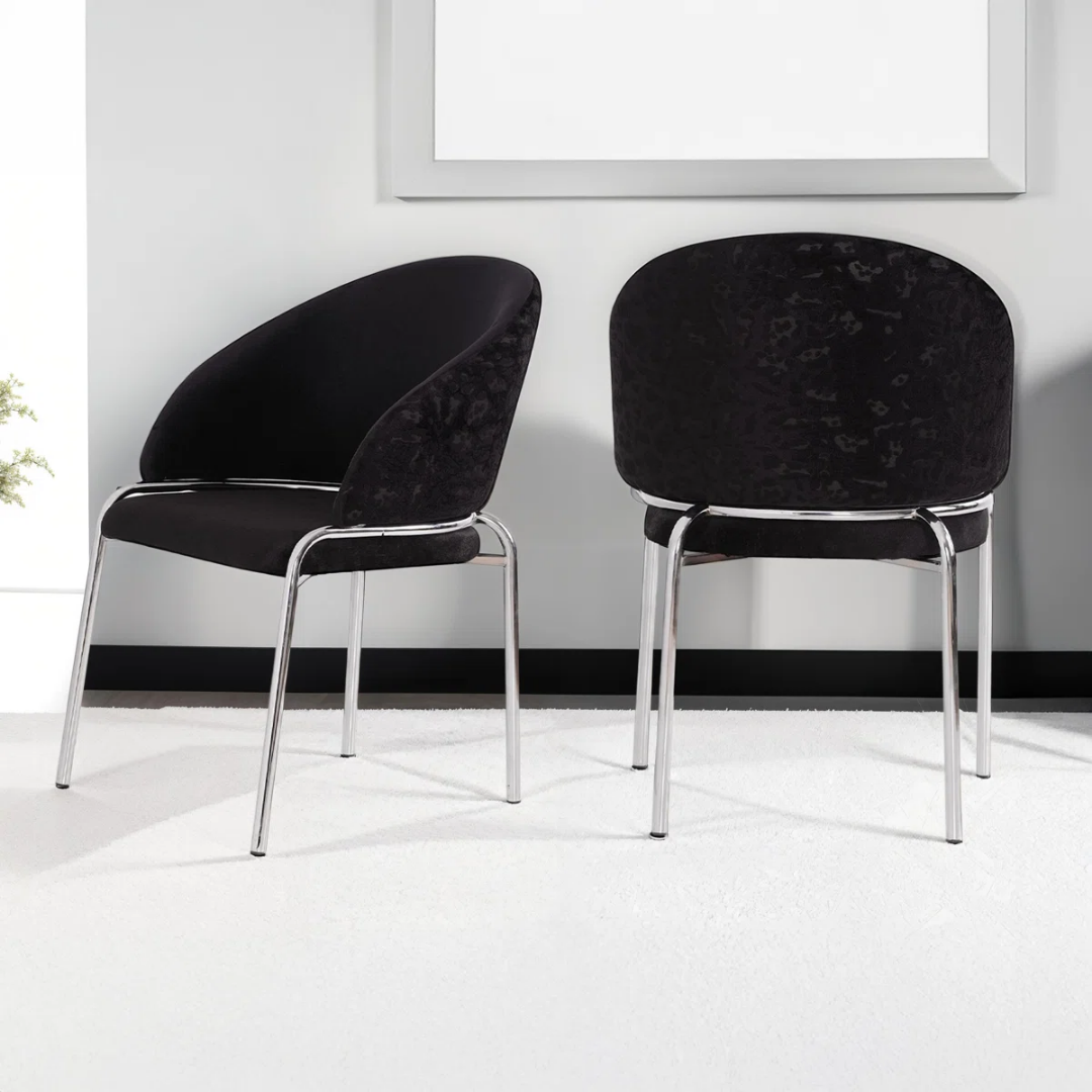Ensemble 2 chaises salle à manger Onyxa velours noir imprimé léopard pieds chromés – Bonito Montréal