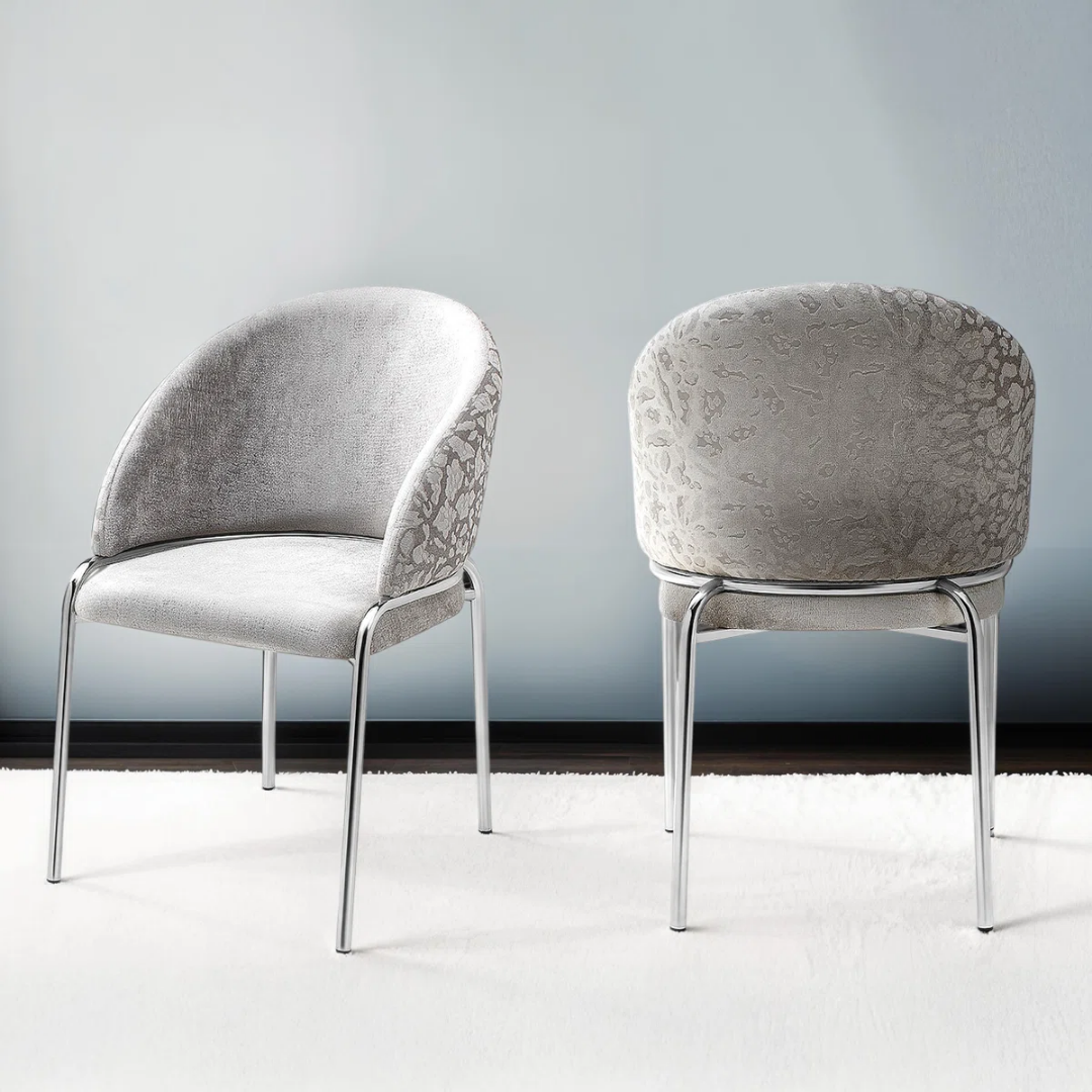 Ensemble 2 chaises salle à manger Onyxa velours gris imprimé léopard pattes chromées – Bonito Montréal