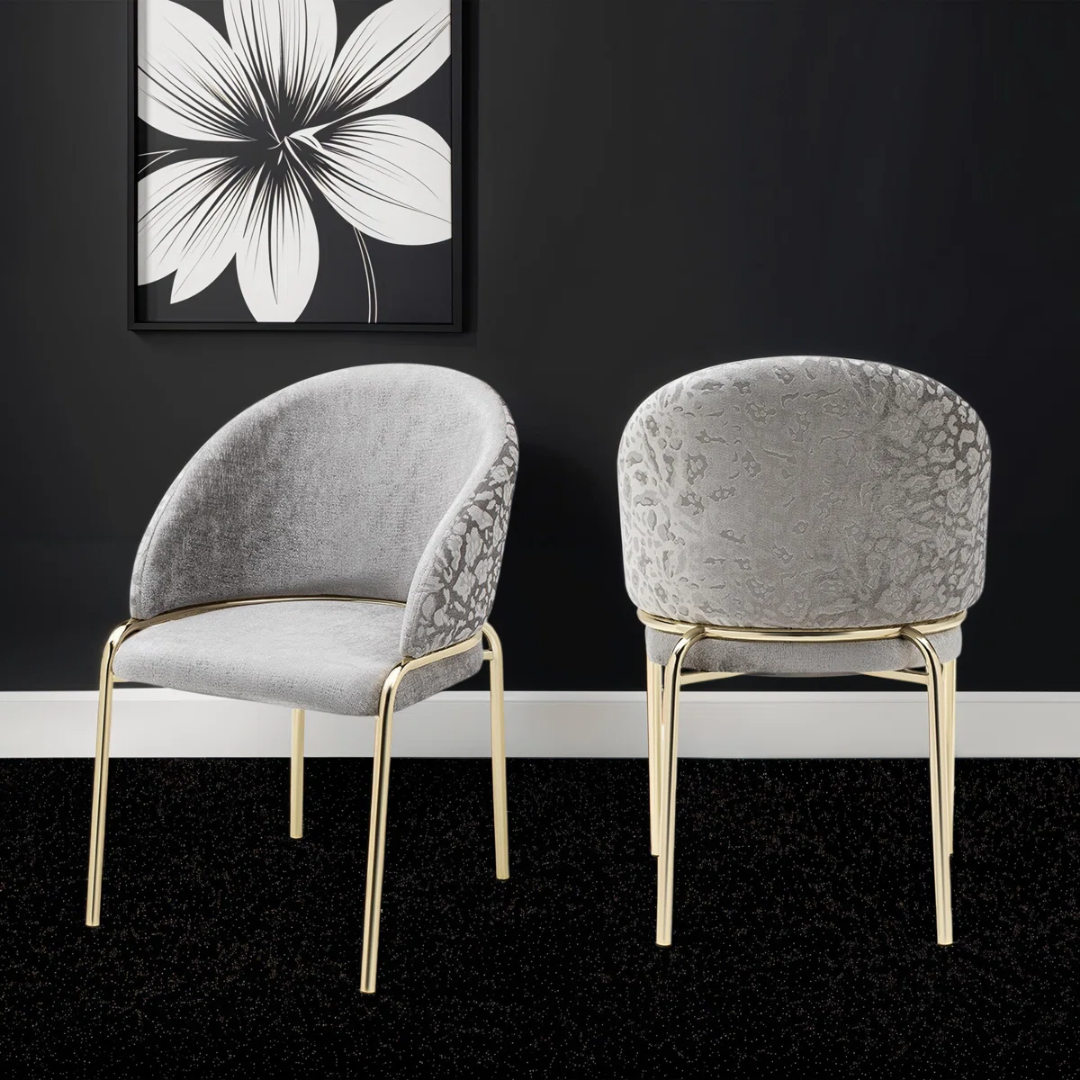 Onyxa – Lot de 2 – Chaises de salle à manger en velours gris et imprimé léopard – Pieds dorés
