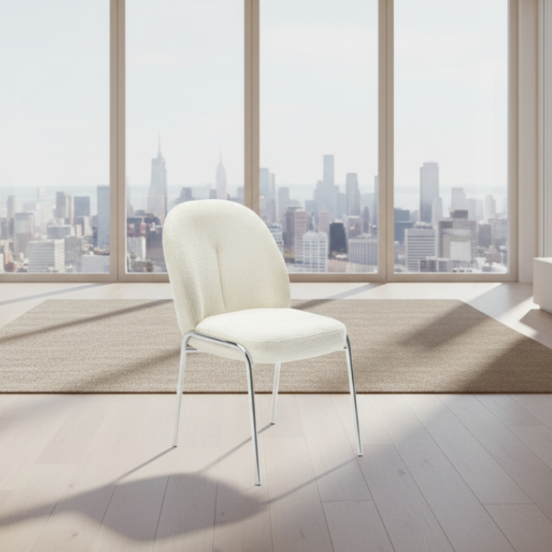 Aurellia – Lot de 2 – Chaise de salle à manger bouclée crème – Pieds chromés