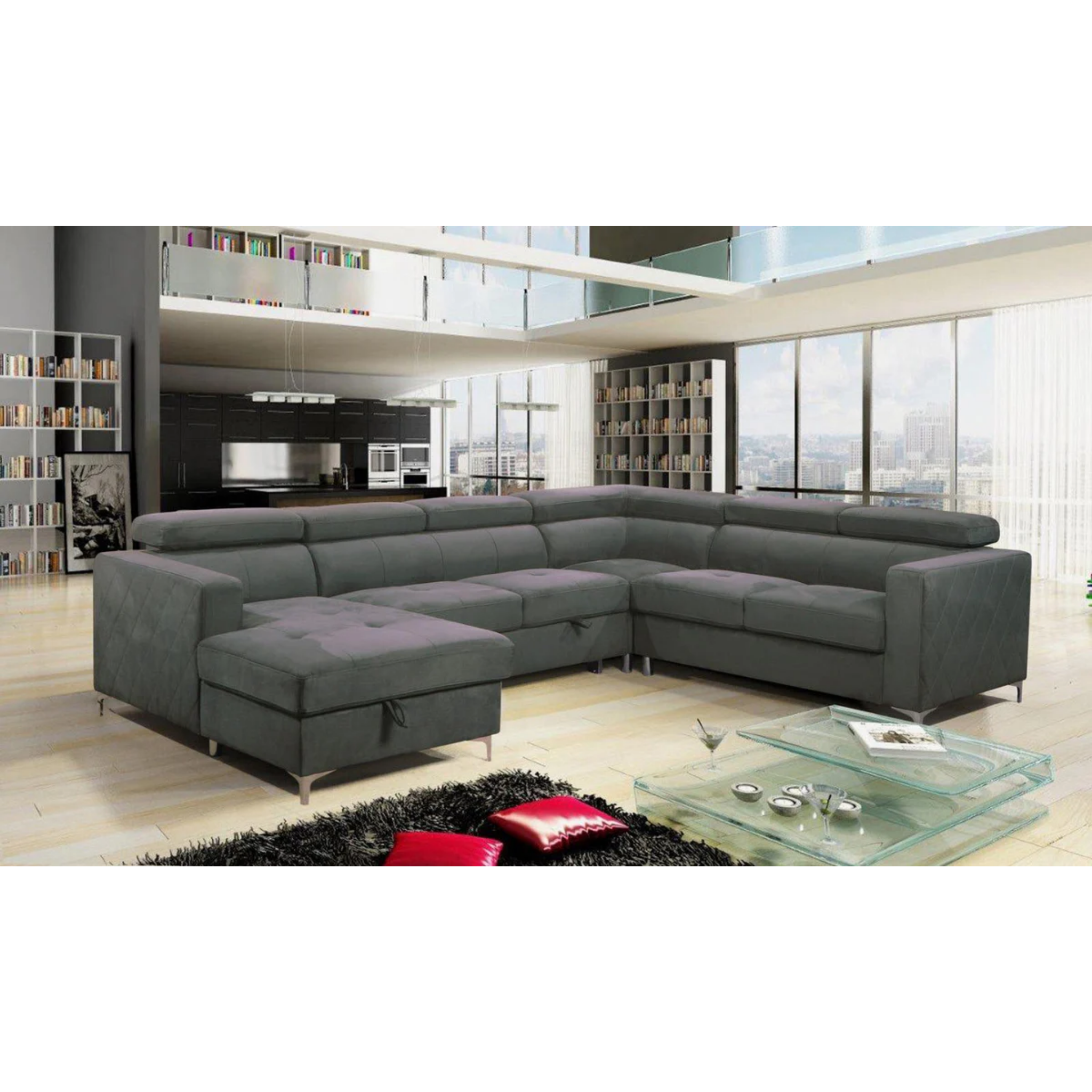 Caprico - Contemporary Fabric Sofa Bed Sectional With Adjustable Headrests & USB Port