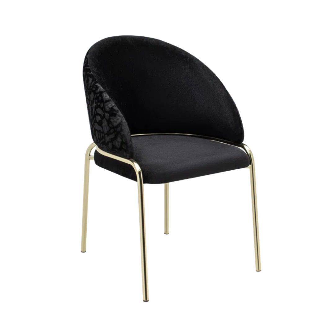 Onyxa – Lot de 2 – Chaises de salle à manger en velours noir et imprimé léopard – Pieds dorés