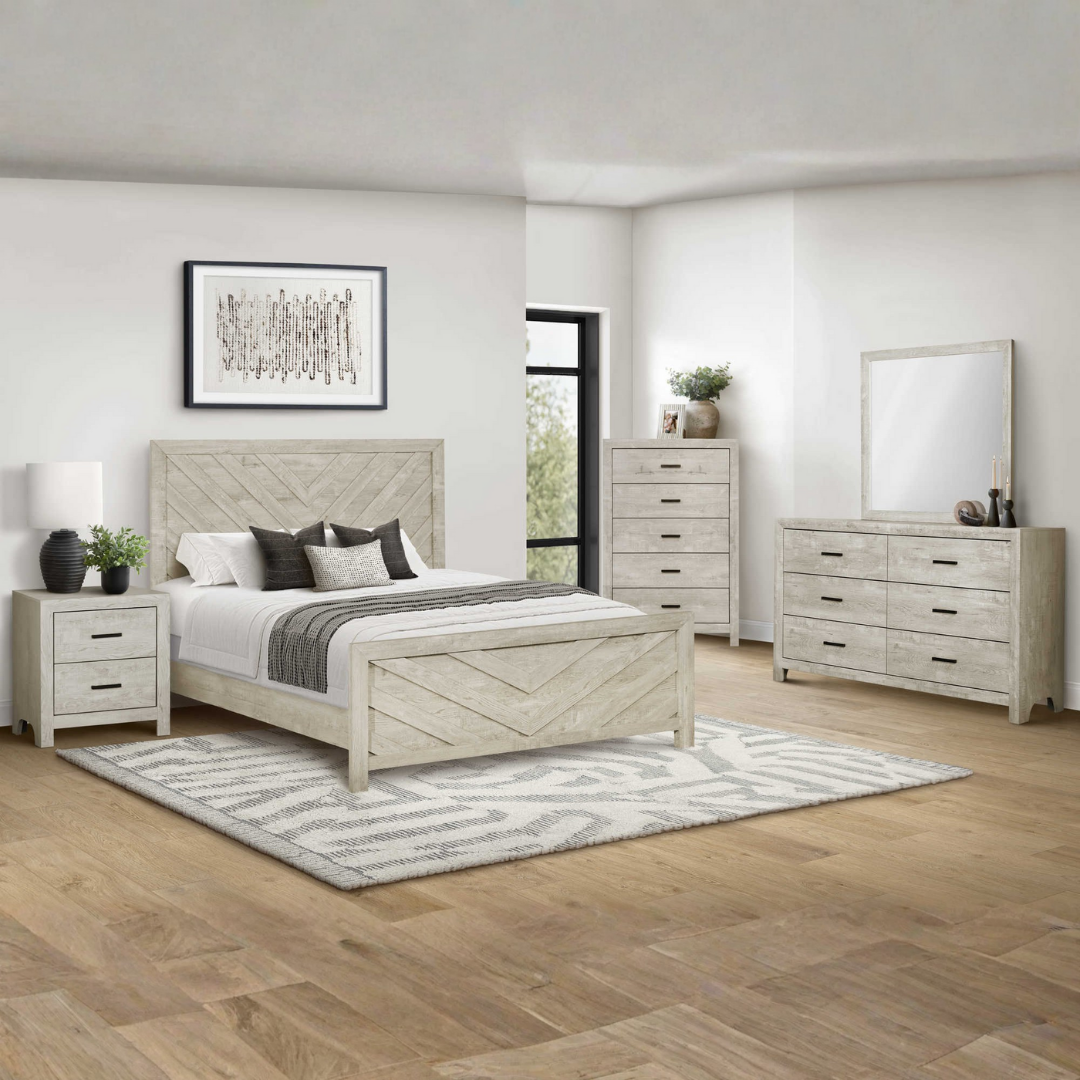 Ensemble chambre à coucher grand lit Chevrona 6 pièces chêne blanchi tête de lit chevron – Bonito Montréal