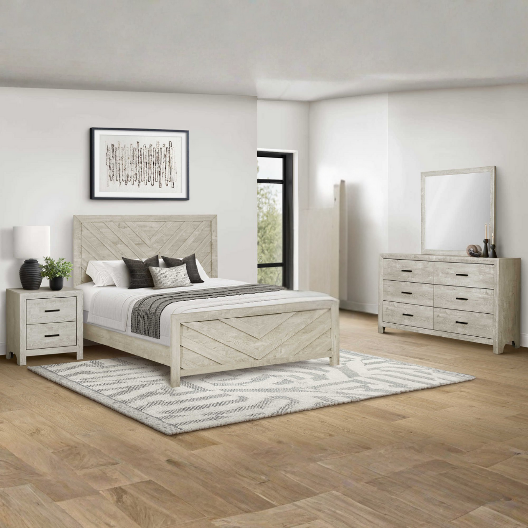 Ensemble chambre à coucher grand lit Chevrona 6 pièces chêne blanchi tête de lit chevron – Bonito Montréal