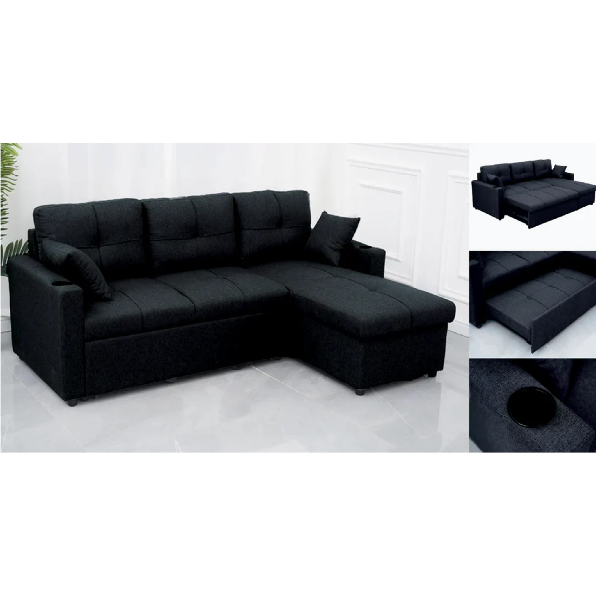 Sofa-lit Cindy en Tissu Noir Élégant avec Rangement